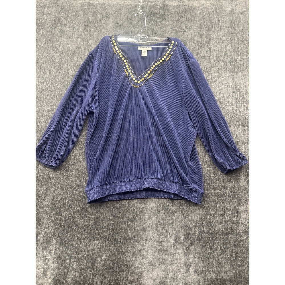 Cathy Daniel's Ribbed Blouse Womens 1X Navy Blue Preppy 3/4 Sleeve Beaded V-Neck